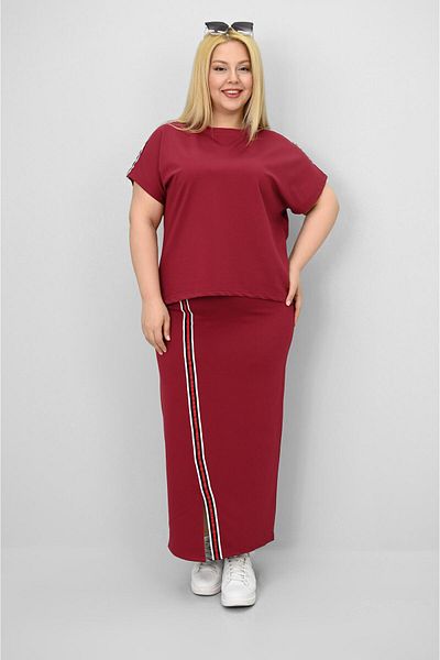 Koza Butik Women's Plus Size Short Sleeve Stripe Skirt Suit 8204-25