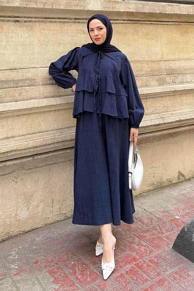 lamelif Μπλούζα με φιόγκο μπροστά Φούστα Hijab Σετ Navy Blue