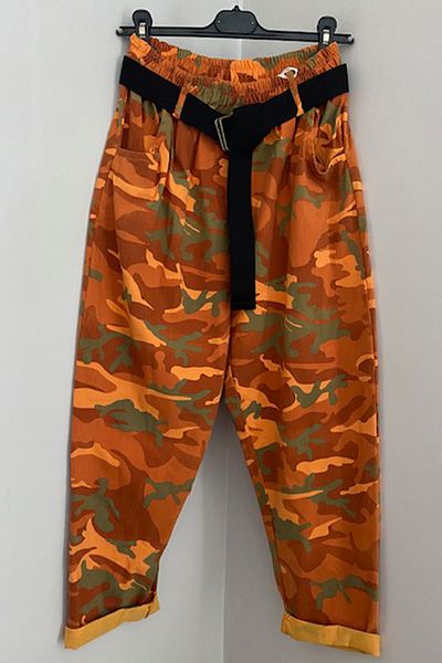 AYASOFYA OTANTIK Women's Italian Orange Elastic Waist Belted Camouflage Patterned Lycra Loose Carrot Baggy Trousers