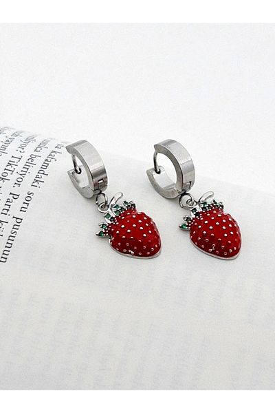 Siya Silver Non-Tarnish Steel Zircon Stone Dangle Strawberry Earrings
