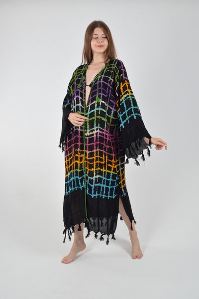 REİNA TEKS Viscon Kimono Bathrobe Black Retro Colorful Network Pattern Cotton Printed Pareo 1 Piece Unisex