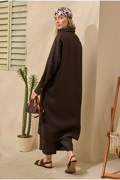 HEQA Raw Linen Long Shirt Bitter Brown