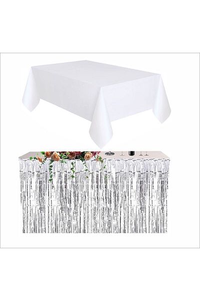 ZENVİVA 4 Pieces White Table Cloth, Silver Table Skirt, 2 Pieces Black Back