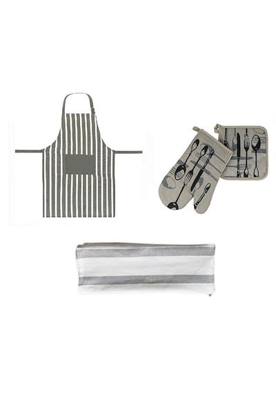 celhome Kitchen Set 4 Pieces - Apron, Glove, Towel and Cloth - Practical and Elegant, Gray