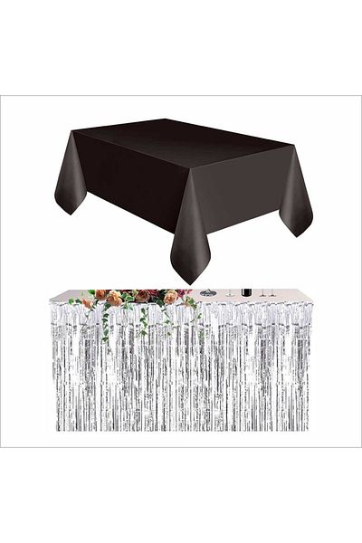 ZENVİVA 4 Pieces Black Table Cloth, Silver Table Skirt, 2 Pieces Gold Back