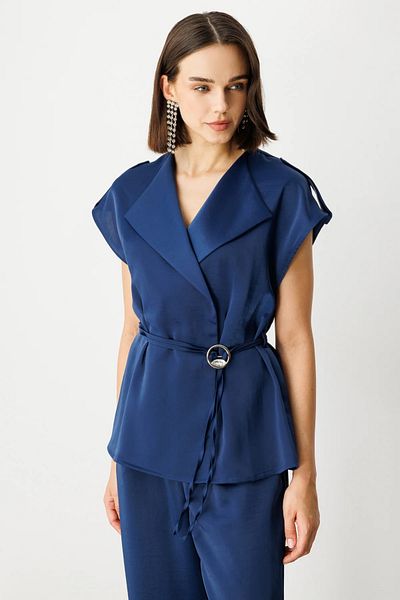 Ekol Double Breasted Collar Rope Belt Vest -4264