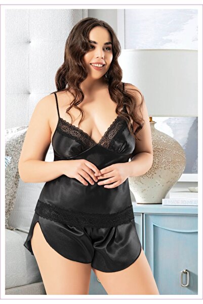 Viselya Set pantaloni scurți din satin negru, mărime mare