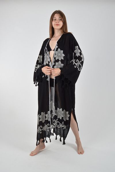 REİNA TEKS Viscon Kimono Bathrobe Black Retro Flower Pattern Cotton Printed Pareo 1 Piece Unisex