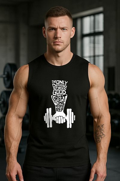BESSA Men's Great One Printed Black Oversize Crew Neck Cotton Sleeveless T-Shirt Undershirt
