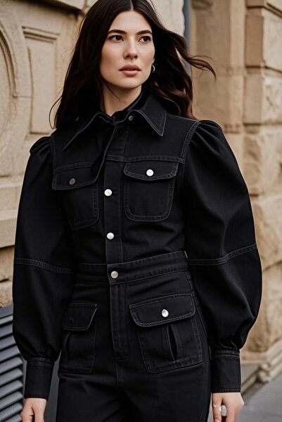 Şans Kadın Büyük Beden Siyah Körük Cepli Kolları Büzgü Detaylı Yıkamalı Kot Tulum 65N38883