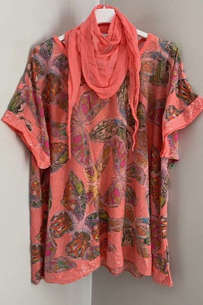 AYASOFYA OTANTIK Women's Italian Coral Scarf Butterfly Patterned Sleeves and Hem Sequined Loose Blouse
