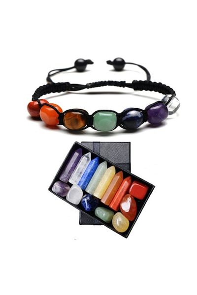 TrioStore 7 Chakra Reiki Bracelet Set Made of Natural Semi-Precious Stones with Hand-Woven Braiding