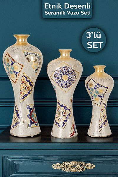Meleni Home Σετ 3 βάζα Elegance - Διακοσμητικό βάζο με κεραμικό έγχρωμο έθνικ σχέδιο