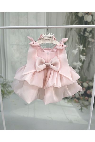 Bertuğ Bebek Layered Balloon Dress Ribbon Detailed Powder Pink Carolin Evening Dress