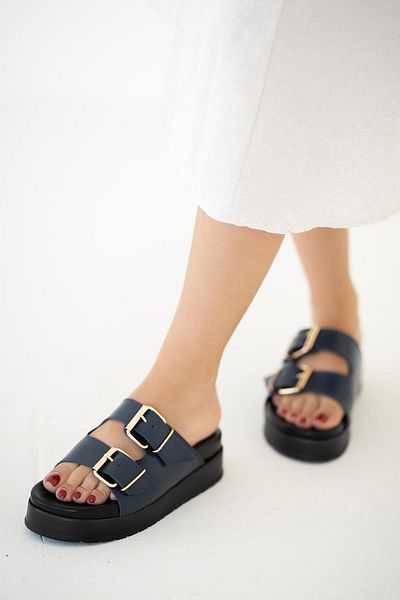 Parponi Dallas Buckle Women's Leather Flat Sole Slippers Navy Blue