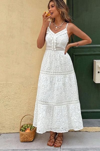 Neşeli Butik Women White Brodel Cotton Fabric Strap Dress Nbemp2337