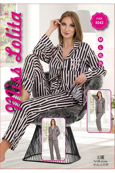 MİSS LOLİTA Set pijamale elegante din satin lycra cu mâneci lungi pentru femei ML 5043