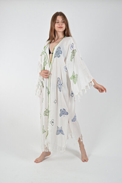 REİNA TEKS Viscon Kimono Bathrobe White Retro Colorful Butterfly Pattern Cotton Printed Pareo 1 Piece Unisex