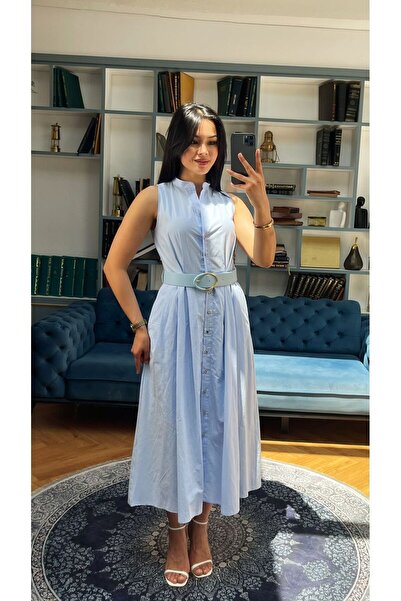 Nida Boutique Rochie din in, cu guler înalt, cu închidere completă cu nasturi, cu centură, căptușită