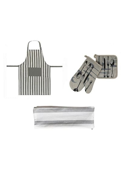 celhome Kitchen Set 4 Pieces - Apron, Glove, Towel and Cloth - Practical and Elegant, Gray