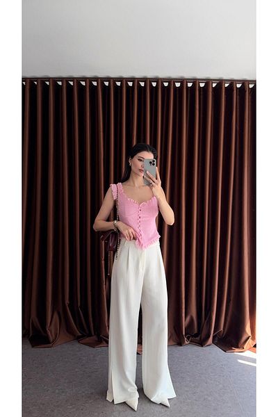HAZELANNA Slit Ecru Palazzo Trousers