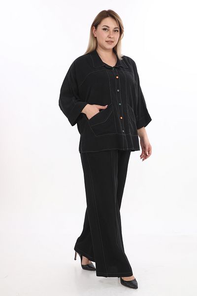 EXİTLİNE Women's Double Black Mink Color Summer Suit Top Trousers