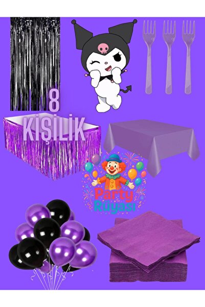 partyrüyası Kuromi Temalı 8 Kişilik Doğum Günü Seti Parti Malzemeleri Seti Mod-1