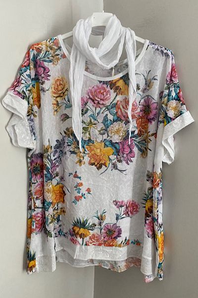 AYASOFYA OTANTIK Women's Italian White Scarf Peony Patterned Sleeves and Hem Sequined Loose Blouse