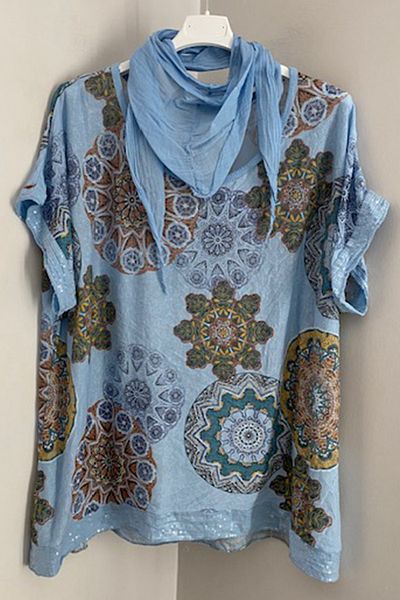 AYASOFYA OTANTIK Bluză largi pentru femei, italiană, albastru bebeluș, cu eșarfă, cu model de mandala, mâneci și tiv, paiete