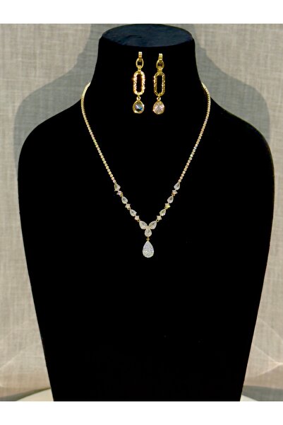 FASHİON JEWELRY Zerra Bella Kuyumcu Model Altın Kaplama Cm Taşlı Kolye ve Küpe
