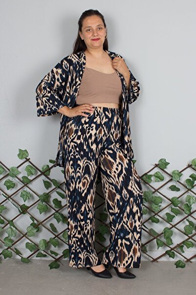 Truva XXL Large Size Navy Blue Patterned Kimono Suit |   Soft Crepe Fabric