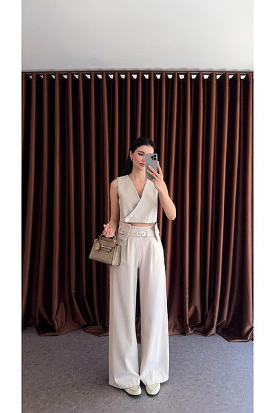 HAZELANNA Beige Suit with Belt Detail