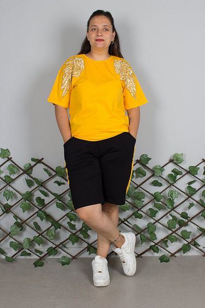 Truva XXL Plus Size Angel Wing Sequin Embroidered Shorts Combed Cotton Suit |   Striped Shorts – Comfortable and Stylish