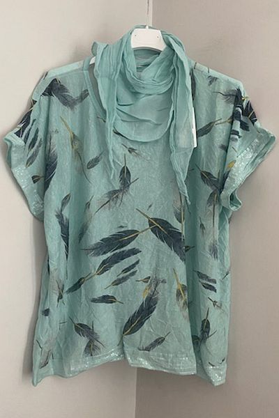 AYASOFYA OTANTIK Women's Italian Water Green Scarf Feather Patterned Sleeves and Hem Sequined Loose Blouse