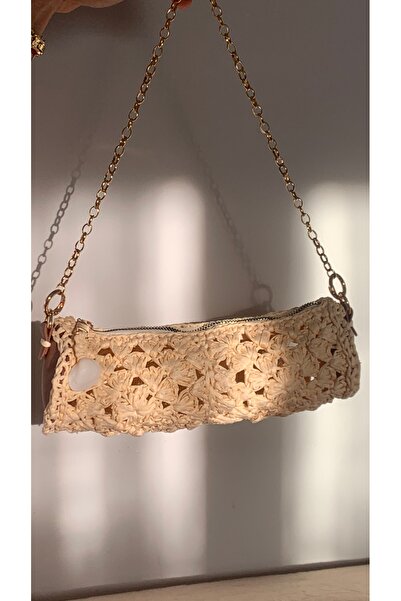 Beril Yamaç Design Studio Macrame Raffia Knitted Cylinder Clutch Raffia Bag