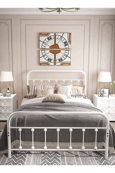 Generic Iron Bed Single and Half Bed with Bottom Storage for Adults and Kids Modern Design White 120x200cm