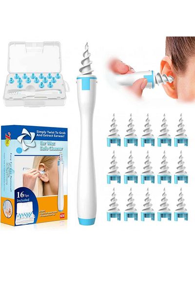 OEM Set 17 piese aparat pentru curatarea urechilor si 16 capete, silicon, plastic, alb, albastru