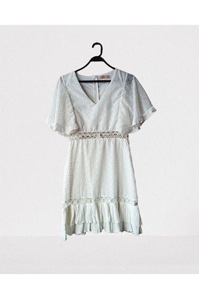 Namaste Vintage White Embroidered Scallop Detailed Handkerchief Sleeve Low-Cut Waist Dress