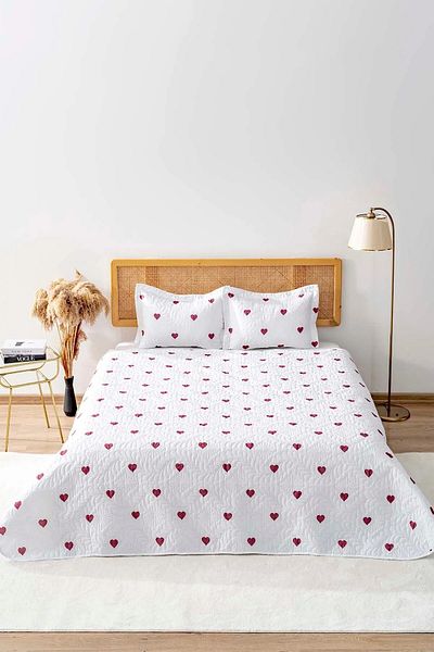 Rivaİstanbul Lovely Double Micro Sleeping Set 3-Piece Heart Bedspread Set