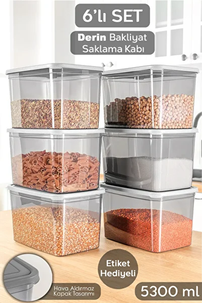 Meleni Home 6 Deep Food Storage Containers with Labels - Large Size Flour Pasta Container Food Box Anthracite 5300 ml