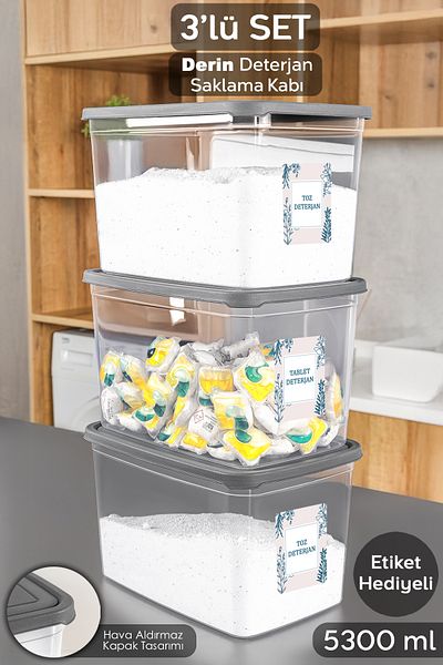 Meleni Home 3 Mega Size Detergent Storage Box - Bathroom Tablet Powder Detergent Box with Label 5.3 Liter Transparent