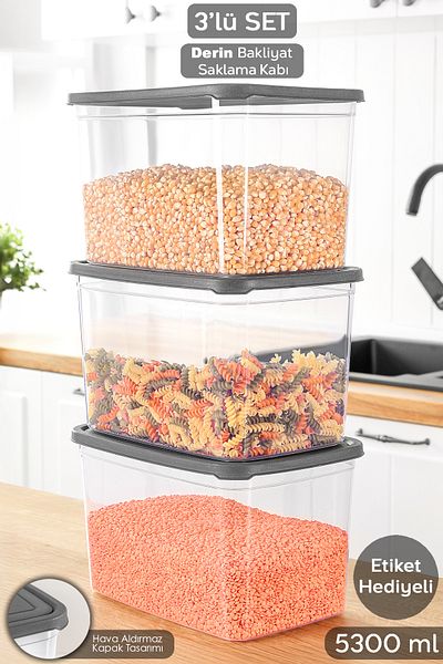 Meleni Home 3 Deep Food Storage Containers with Labels - Pulses Flour Container Large Size Food Box 5300 ml Transparent