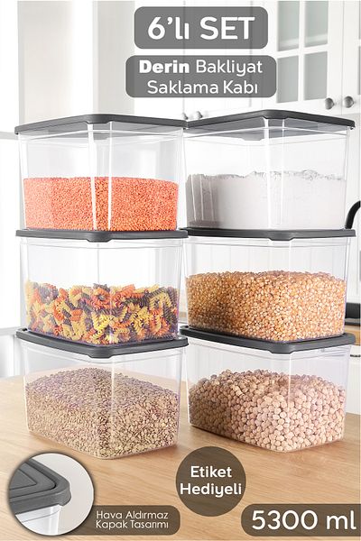 Meleni Home 6 Deep Food Storage Containers with Labels - Pulses Flour Container Large Size Food Box 5300 ml Transparent