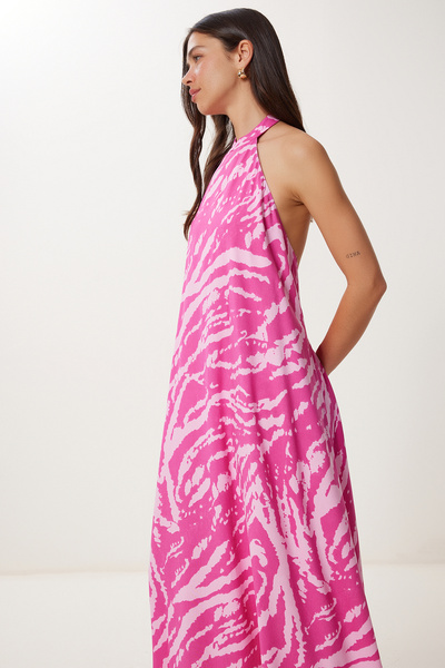 Happiness İstanbul Női rózsaszín kötőfék nyakú mintás nyári viszkóz ruha FG00042