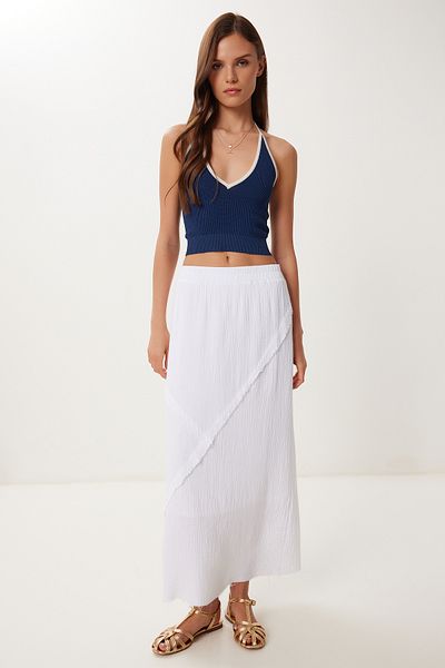 Happiness İstanbul Women's White Stitching Detailed Midi Muslin Skirt Bv00136