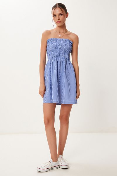 Happiness İstanbul Rochie mini țesută fără bretele în carouri albastru închis FK00043
