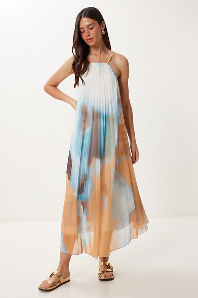 Happiness İstanbul Rochie Midi din tul plisată cu model de muștar albastru pentru femei FN03472