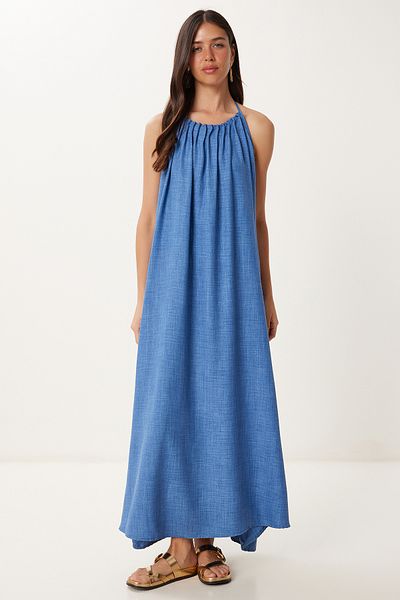 Happiness İstanbul Women's Indigo Blue Bead Detail Back Cutout Summer Woven Dress Pb00049