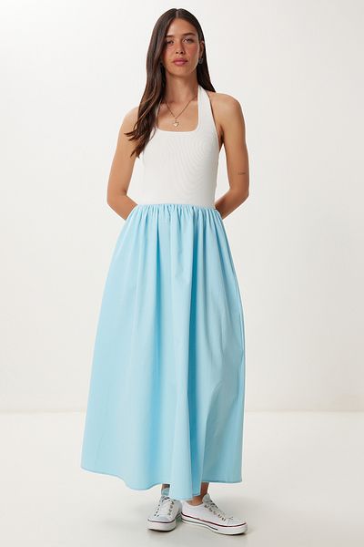 Happiness İstanbul Women's Ecru Blue Stretchy Knitted Top Poplin Skirt Dress Fn03462