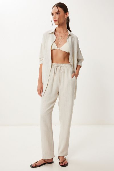 Happiness İstanbul Women's Cream Green Striped Linen Shirt Pants Suit Mu00014